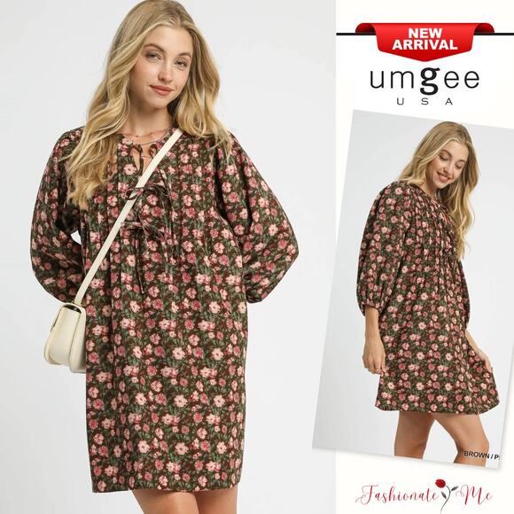Umgee Floral Print Tie Neck Detail Half Sleeves Babydoll Mini Dress | Brown/Pink - Picture 1 of 6